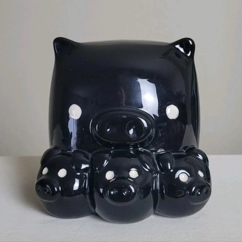 Y2K Piggy Coin Bank Black Pig Mom 3 Baby Pigs Square Whimsical Farmhouse pop art